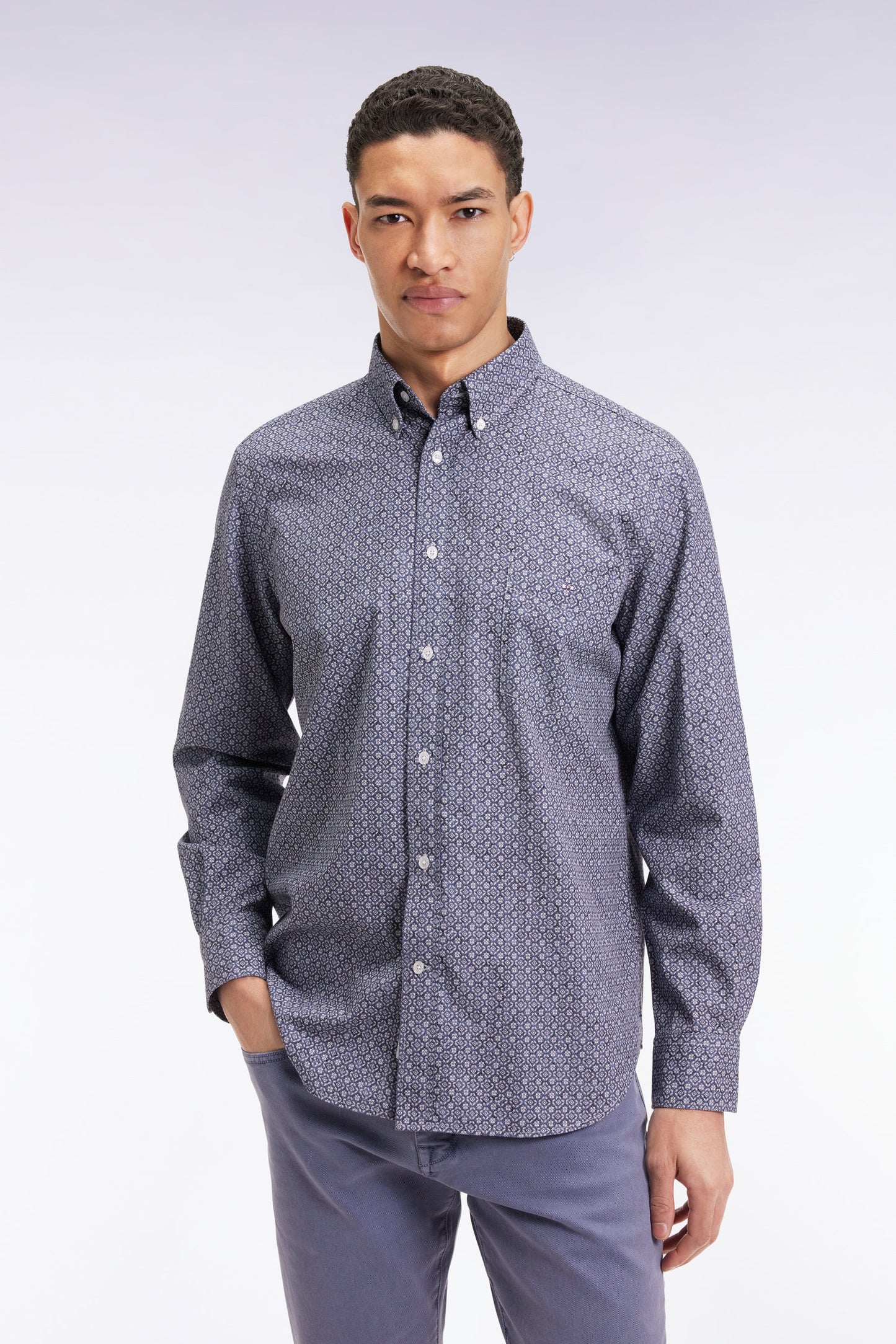 Chemise à micro-motifs en coton marine coupe droite