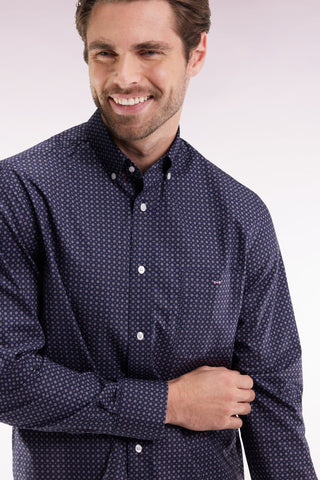 Straight-cut cotton shirt with navy micropatterns