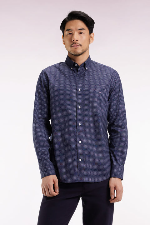 Chemise en coton Pima marine à micro-motifs nœud papillon coupe droite - Image 1