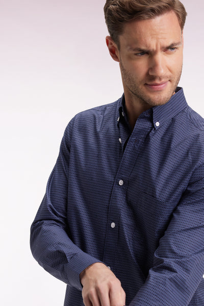 Slim-fit navy Pima cotton shirt with micro-patterns