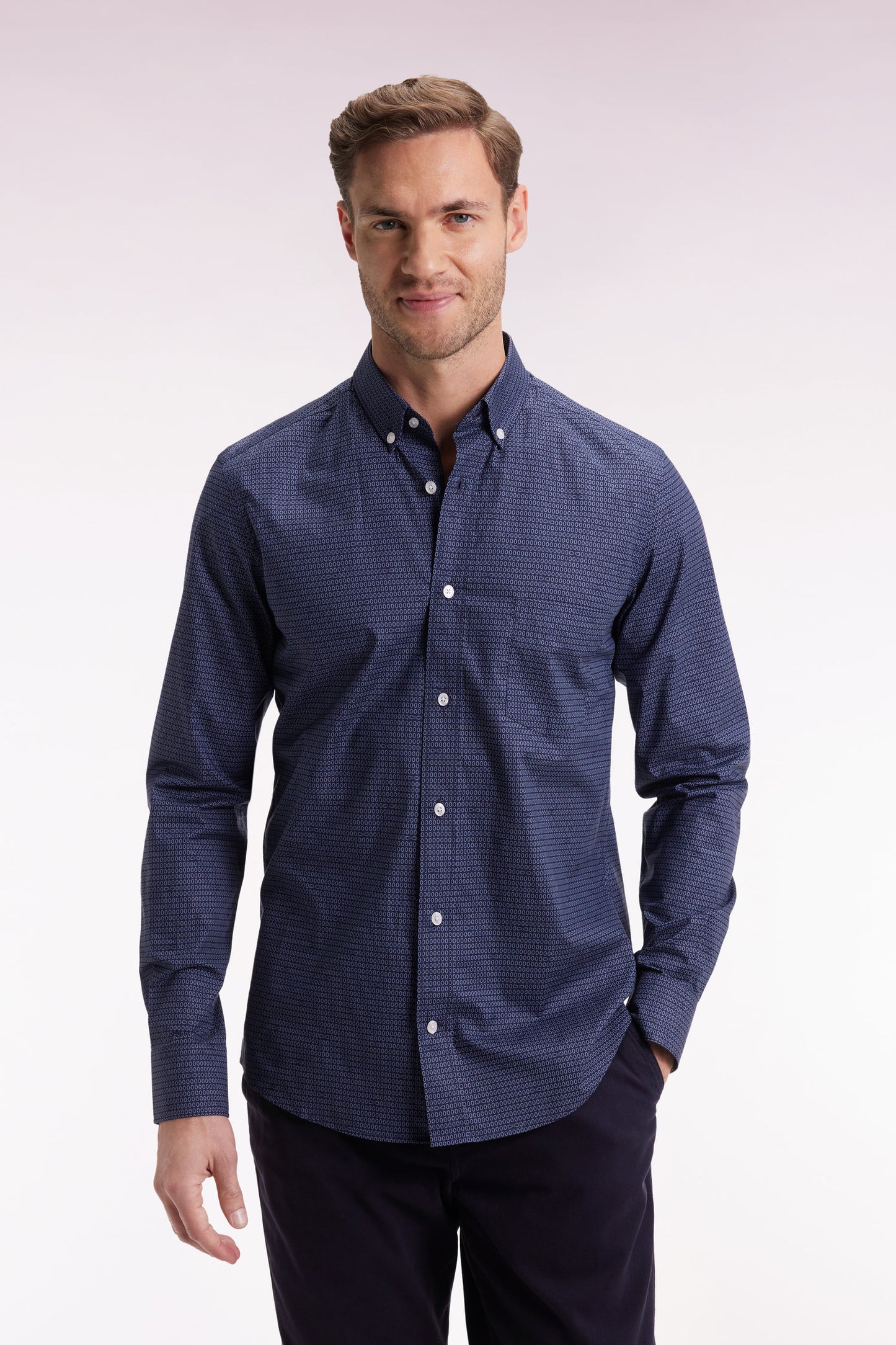 Chemise en coton Pima marine à micro-motifs coupe slim