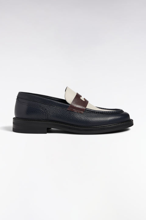 Mocassins en cuir grainé marine écrus et marron - Image 1
