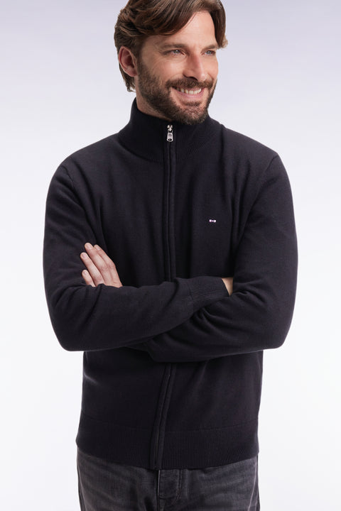 Cardigan zippé en laine et coton noir coupe droite - Image 1