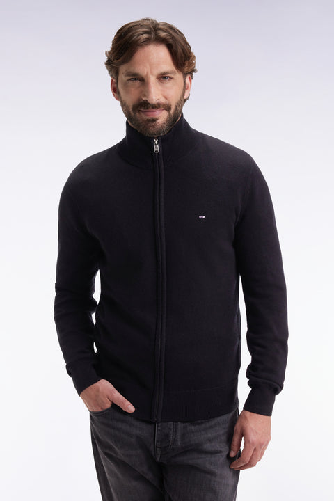 Cardigan zippé en laine et coton noir coupe droite - Image 3