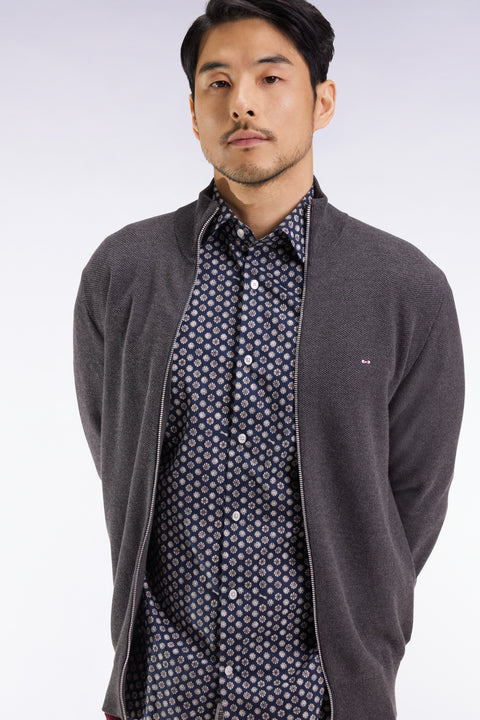 Cardigan en coton nid d'abeille gris coupe droite - Image 3