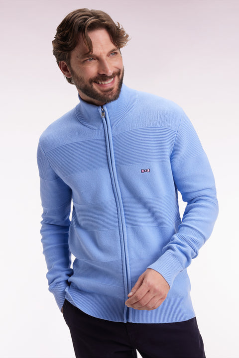 Cardigan zippé en coton nid d'abeille ciel coupe droite - Image 1