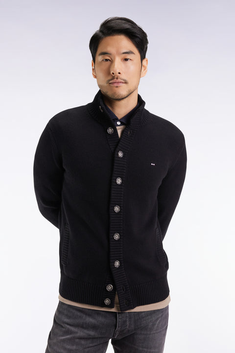 Cardigan à col montant en laine et coton noir - Image 1