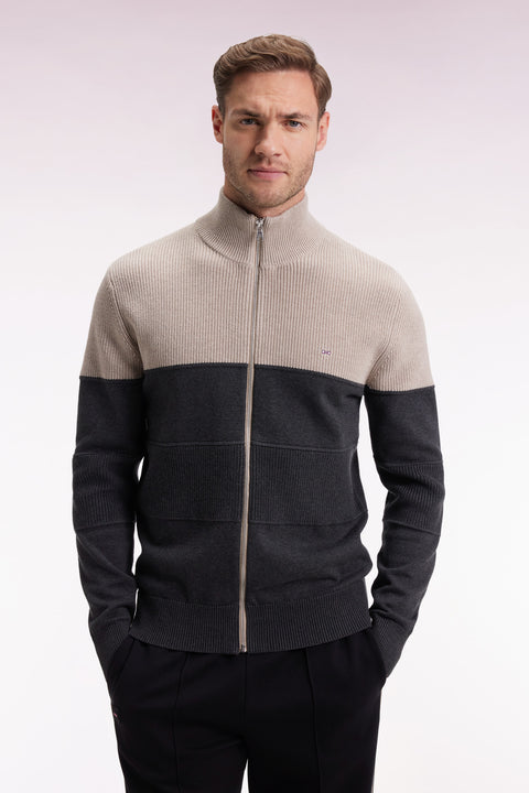 Cardigan zippé en coton bicolore beige et gris coupe droite - Image 1