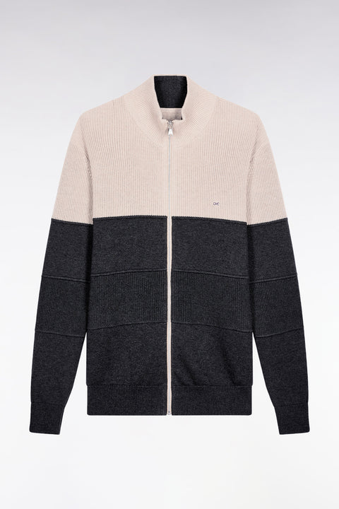 Cardigan zippé en coton bicolore beige et gris coupe droite - Image 2