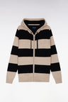 Pull à capuche zippé en laine et coton rayé marine et beige coupe droite