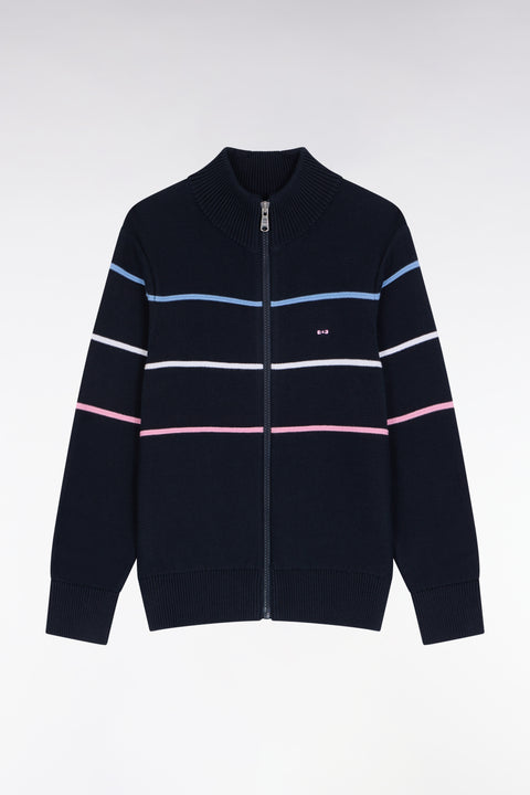 Cardigan zippé en coton marine broderie tricolore - Image 2