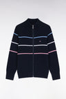 Cardigan zippé en coton marine broderie tricolore