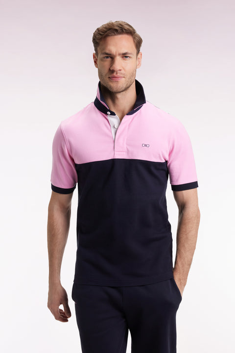 Maillot à manches courtes en coton bicolore marine et rose - Image 1