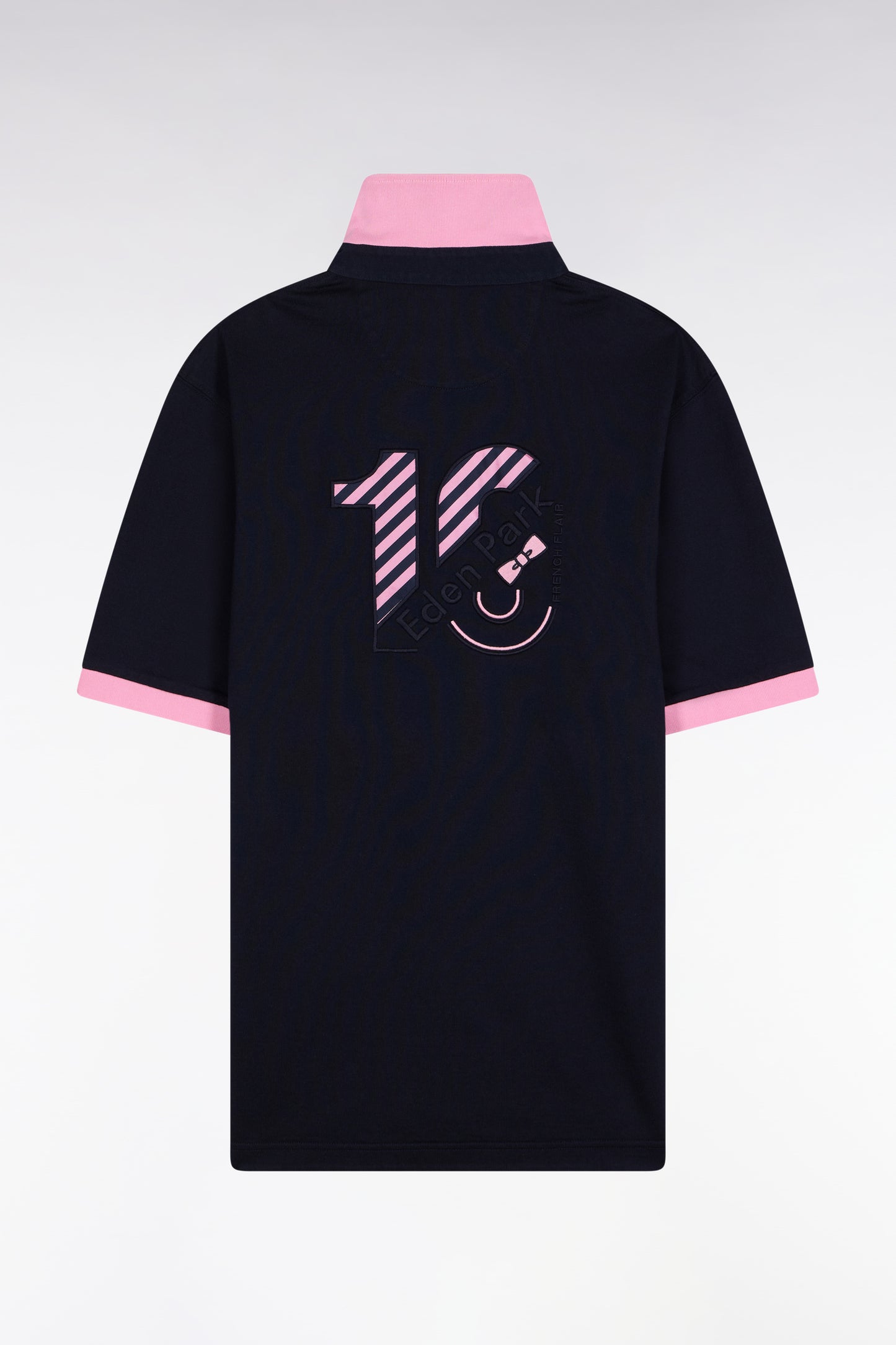 Short-sleeved jersey in navy cotton with pink stripes