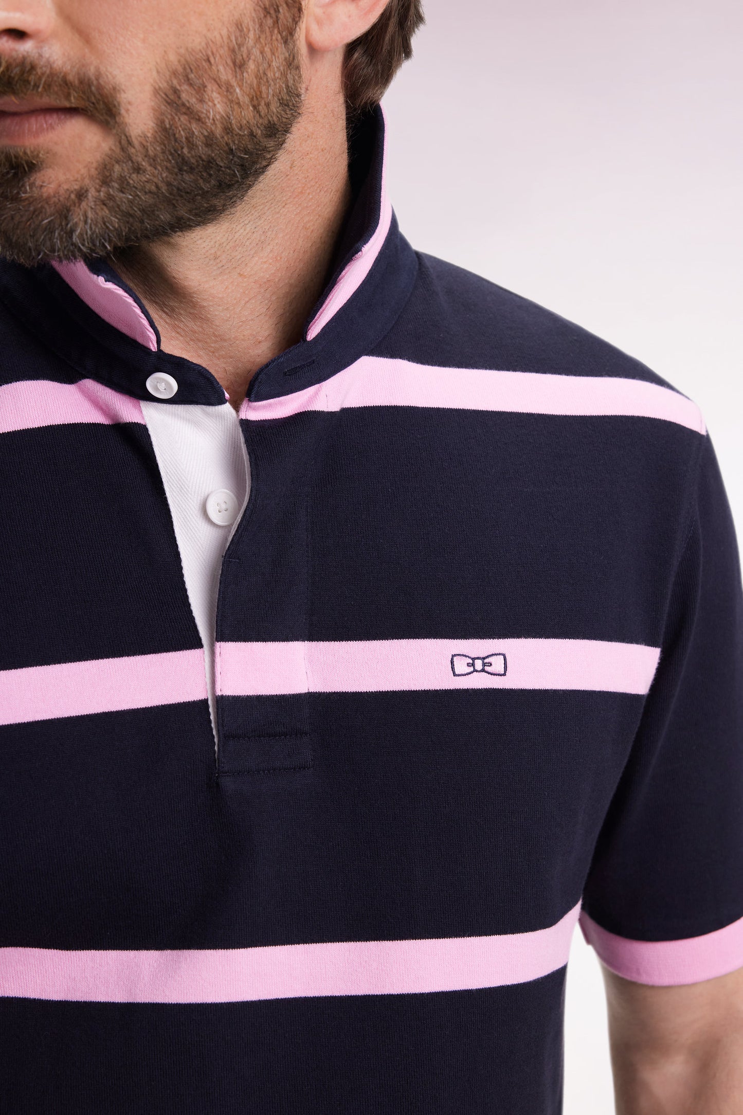 Short-sleeved jersey in navy cotton with pink stripes