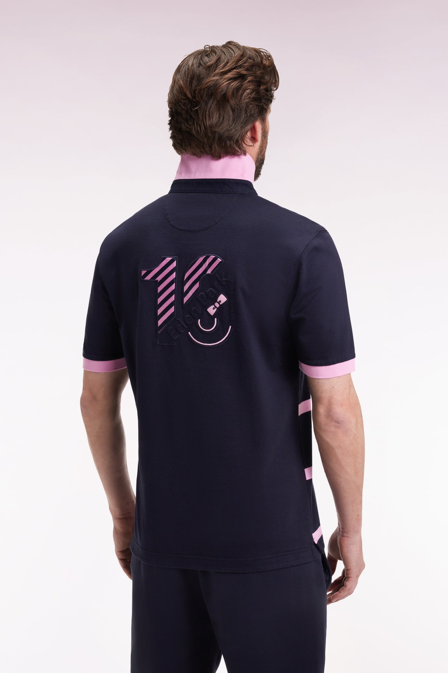 Short-sleeved jersey in navy cotton with pink stripes