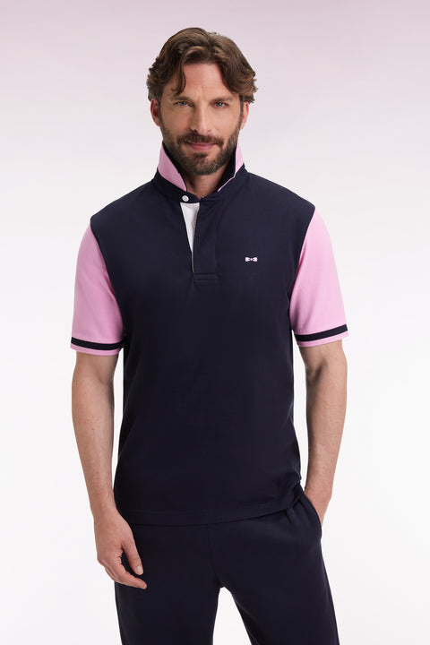 Maillot à manches courtes en coton marine manches roses - Image 1