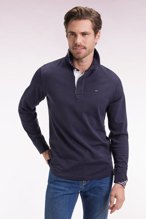 Maillot manches longues en jersey marine dessous de col rayé - Image 1