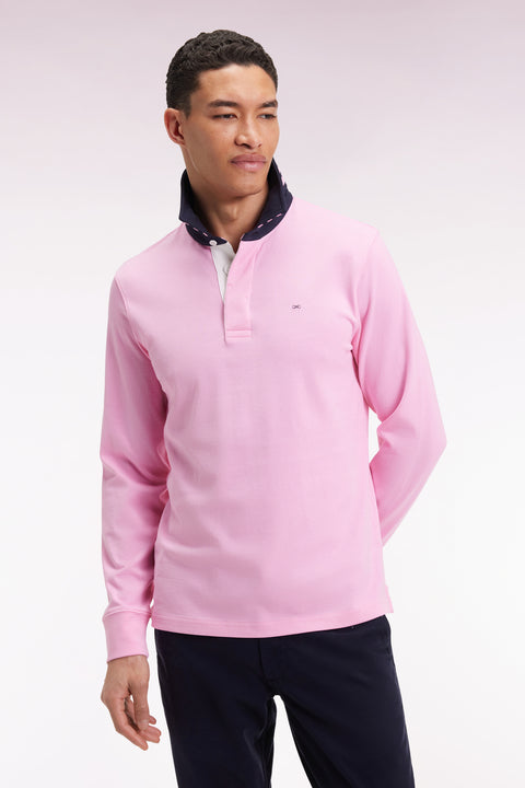 Maillot manches longues en jersey rose dessous de col rayé - Image 1