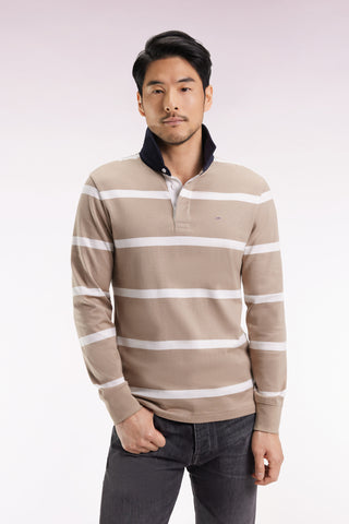 Long-sleeved jersey in beige cotton jersey with white stripes