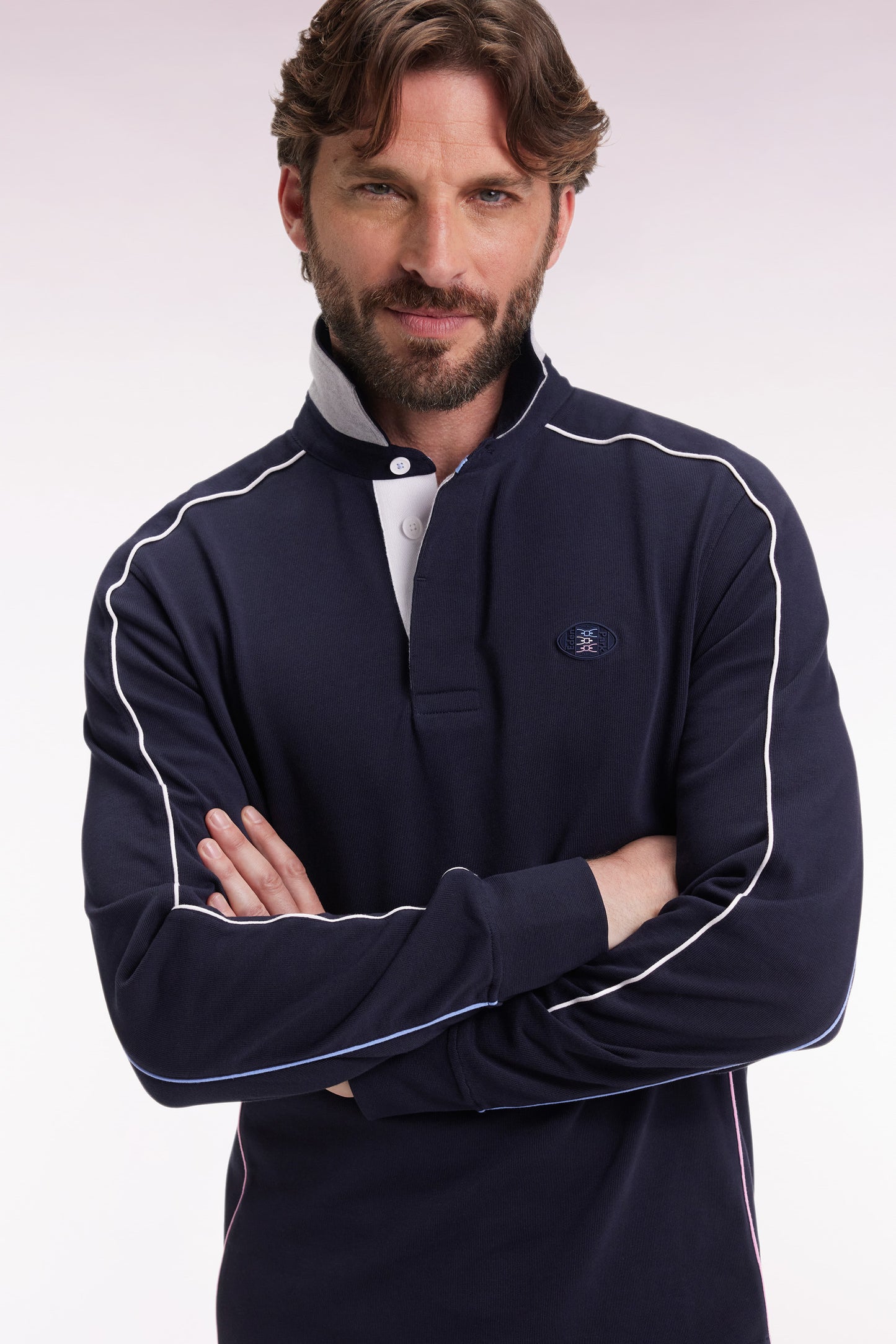 Maillot à manches longues en jersey de coton épais marine passepoils coupe droite