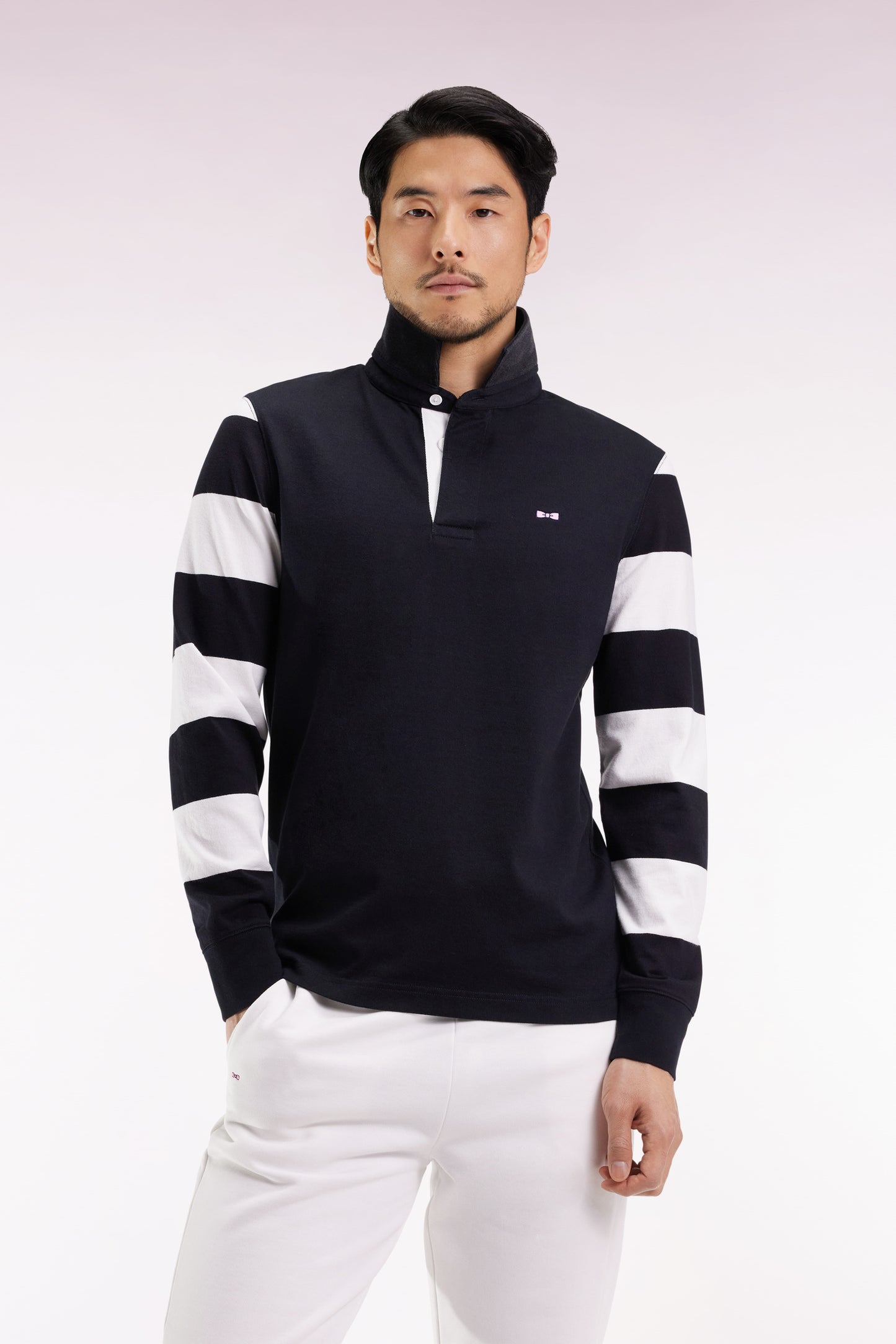 Maillot à manches longues rayées en molleton noir coupe droite