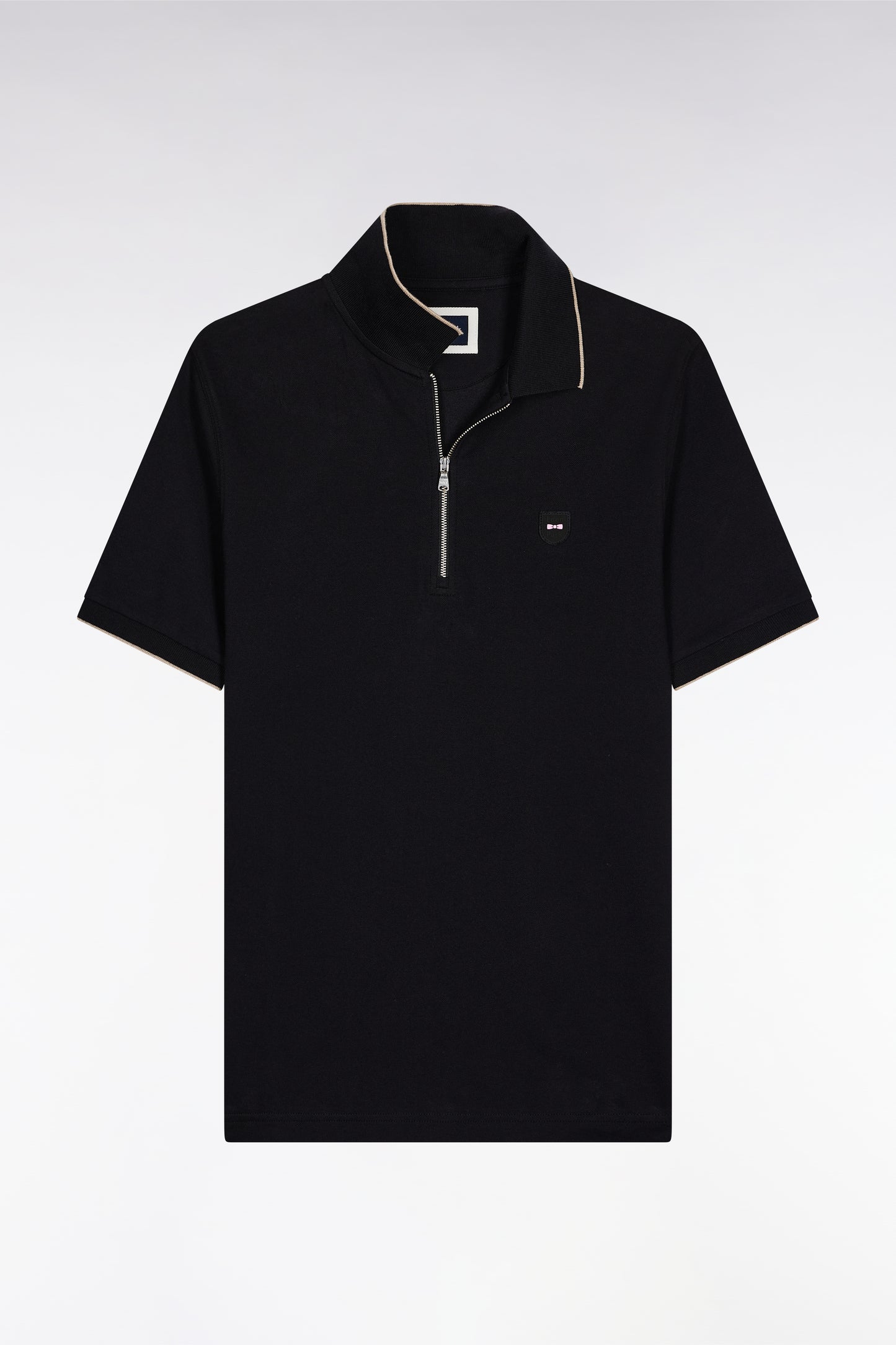 Polo manches courtes en piqué coton stretch noir zippé coupe slim