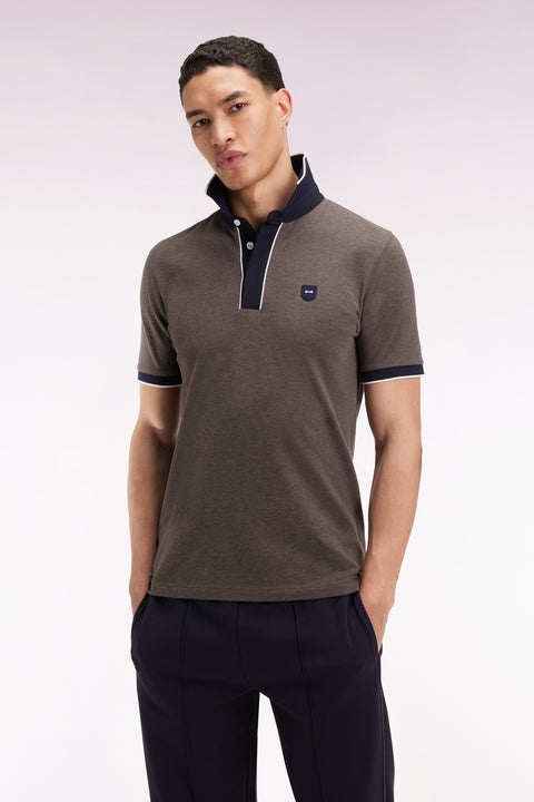 Polo manches courtes en piqué coton stretch marron coupe slim - Image 1