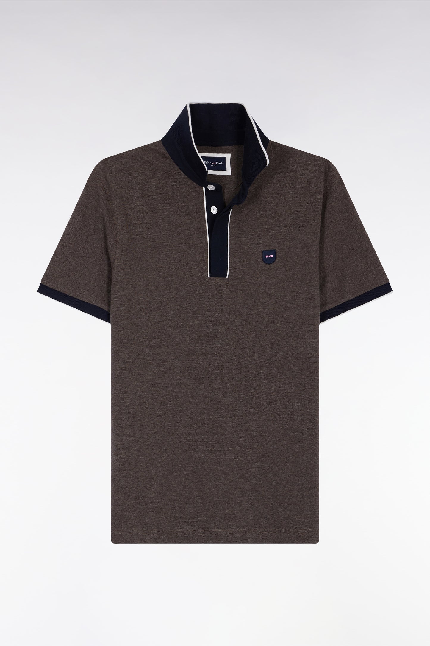Polo manches courtes en piqué coton stretch marron coupe slim