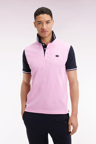 Short-sleeved pink and navy polo shirt with tricolored trim, straight cut