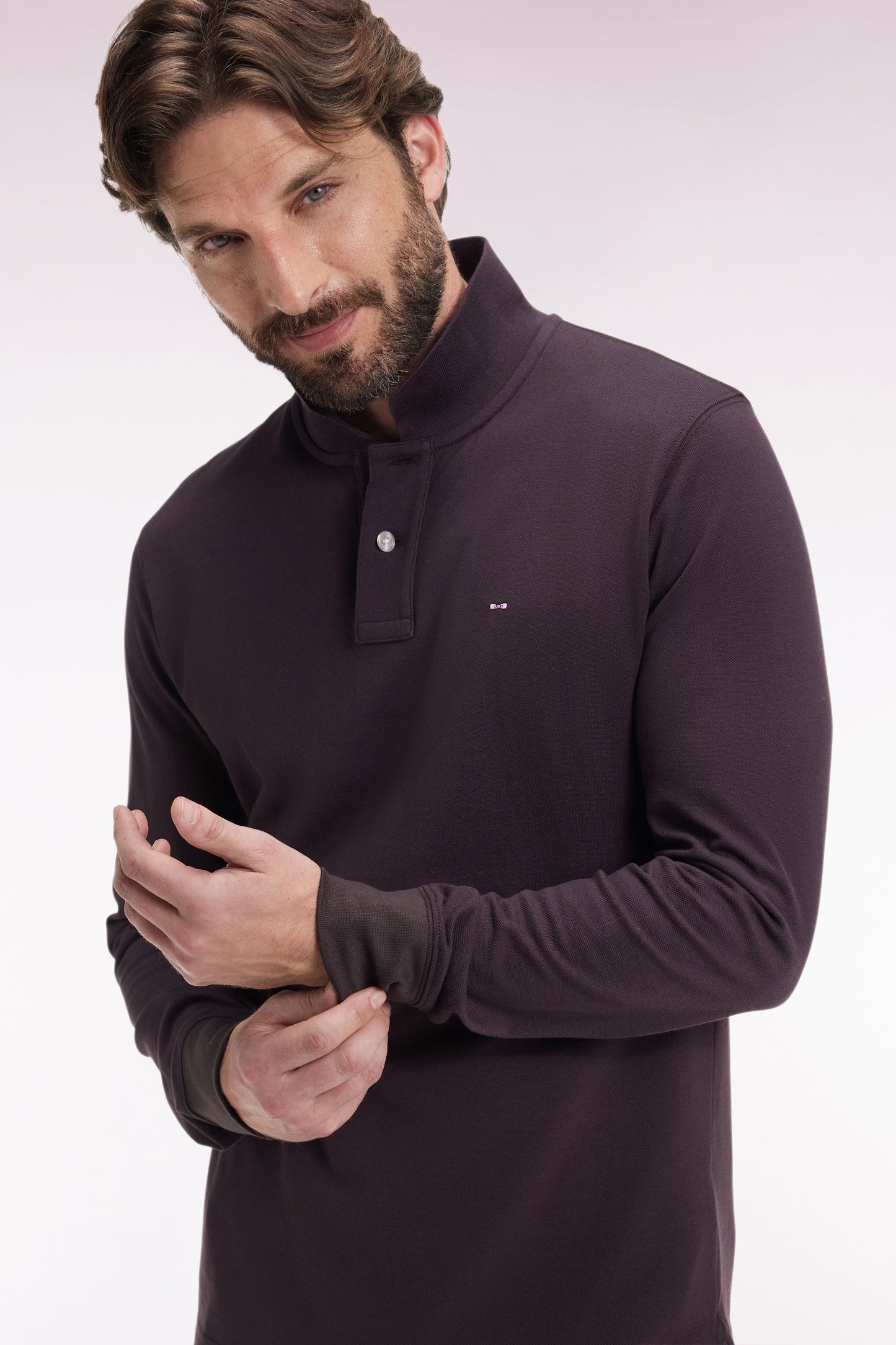 Polo à manches longues en coton Pima marron coupe droite