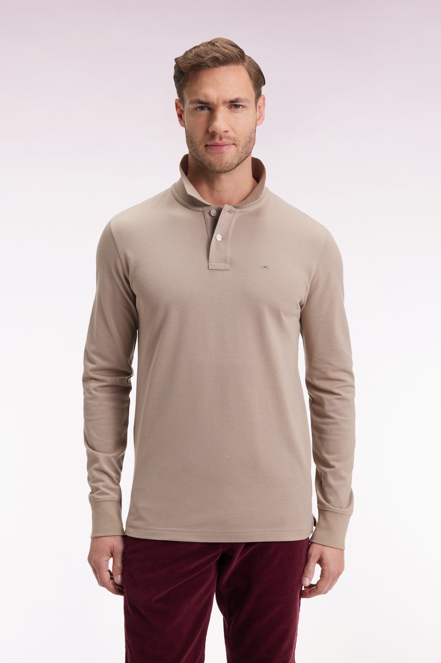 Polo à manches longues en coton Pima beige coupe droite