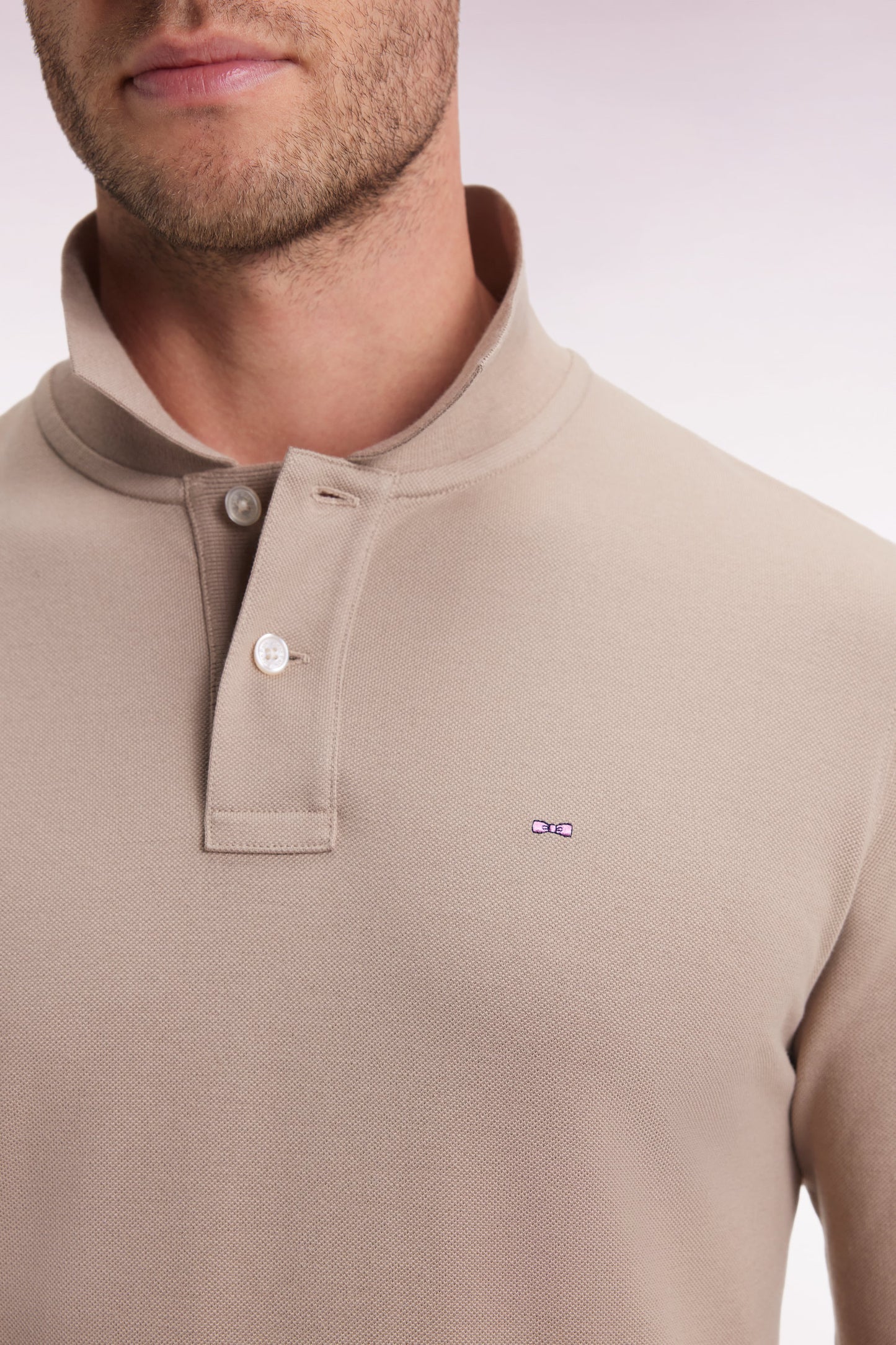 Polo à manches longues en coton Pima beige coupe droite