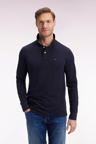 Long-sleeved polo shirt in straight-cut navy Pima cotton