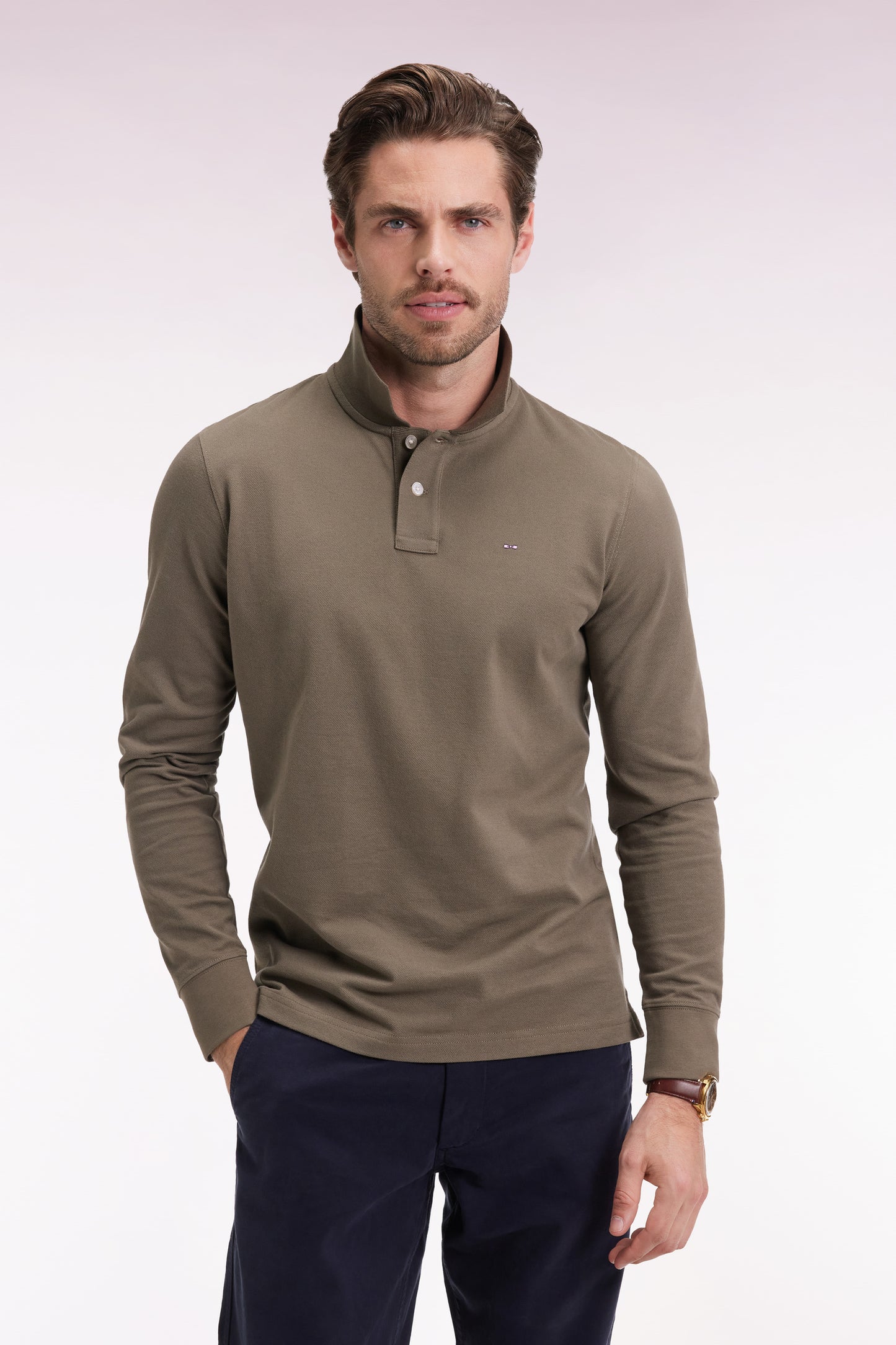 Polo à manches longues en coton Pima kaki coupe droite