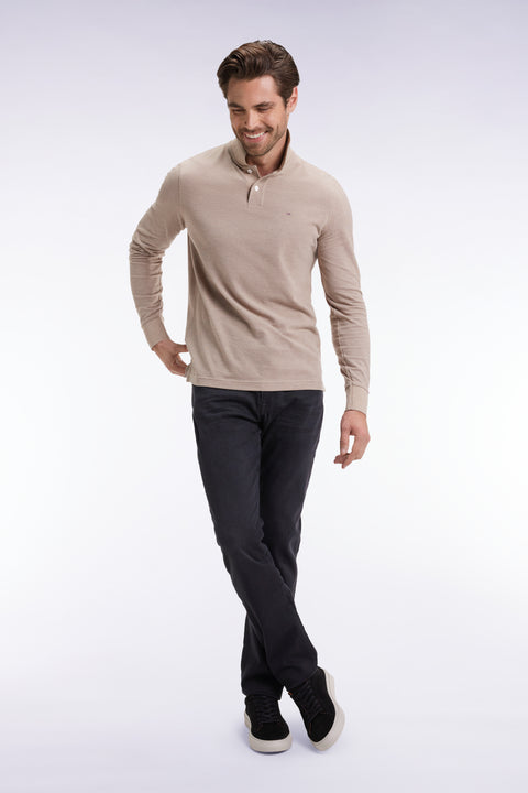 Polo à manches longues en coton chiné beige coupe droite - Image 3