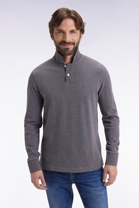 Polo à manches longues en coton chiné gris coupe droite - Image 1