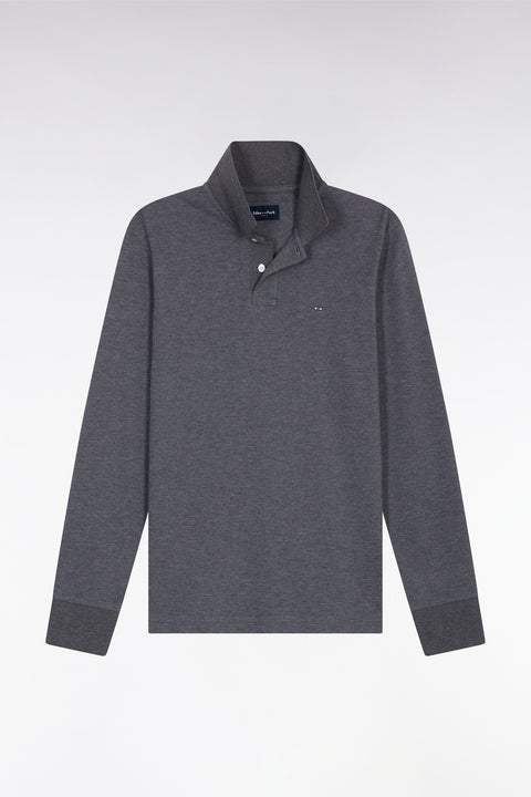 Polo à manches longues en coton chiné gris coupe droite - Image 2