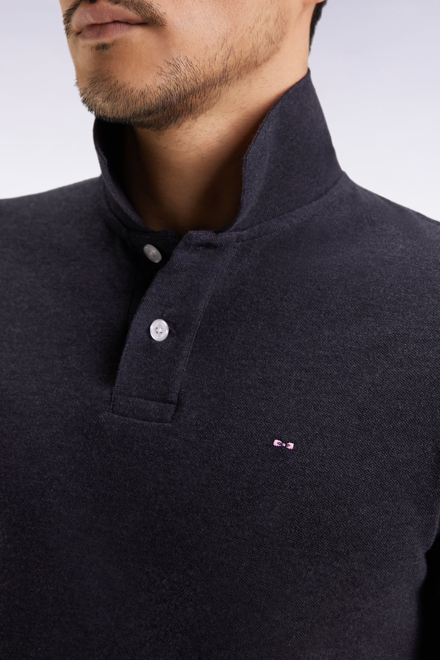 Polo à manches longues en coton chiné gris foncé coupe droite