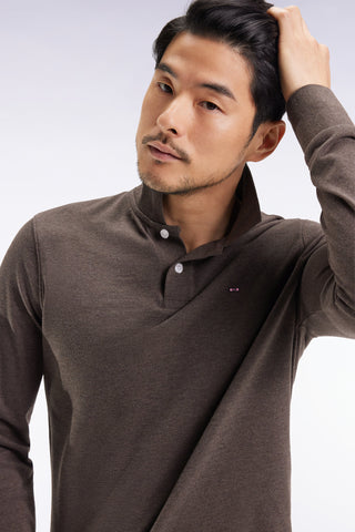 Long-sleeved polo shirt in brown mottled cotton, straight cut