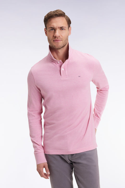 Polo à manches longues en coton chiné rose coupe droite - Image 1