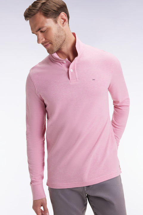 Polo à manches longues en coton chiné rose coupe droite - Image 3