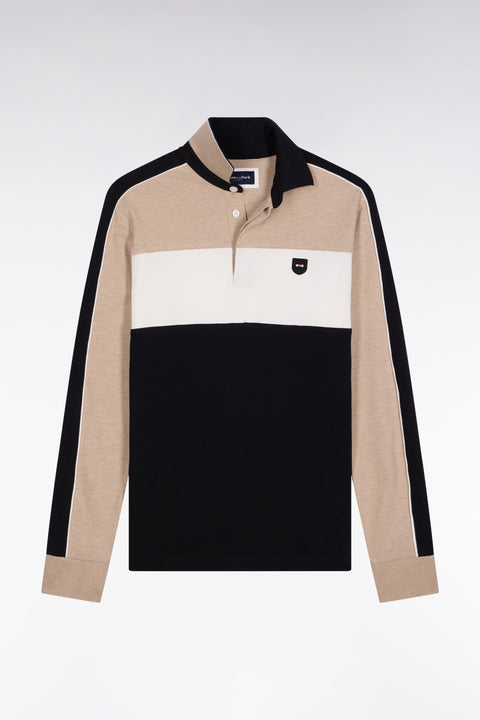Polo tricolore à manches longues en coton stretch beige coupe slim - Image 2
