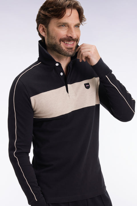 Polo tricolore à manches longues en coton stretch noir coupe slim - Image 3