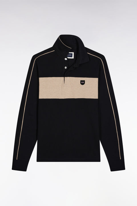 Polo tricolore à manches longues en coton stretch noir coupe slim - Image 2