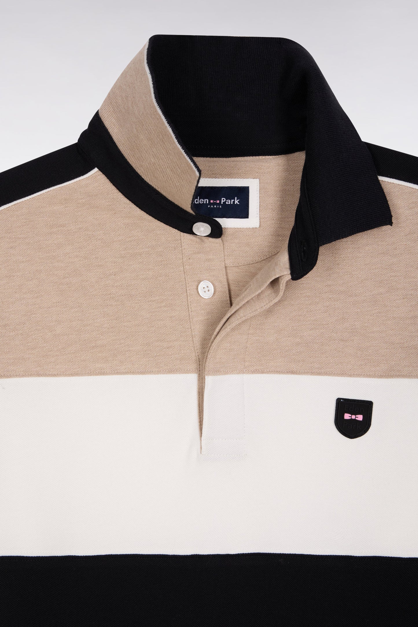 Polo tricolore à manches longues en coton stretch beige coupe slim
