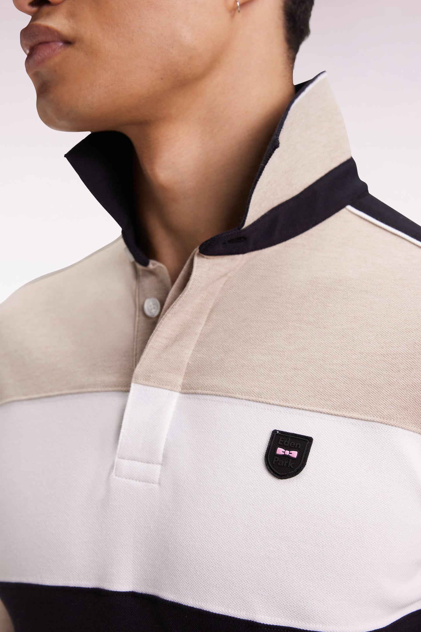 Polo tricolore à manches longues en coton stretch beige coupe slim