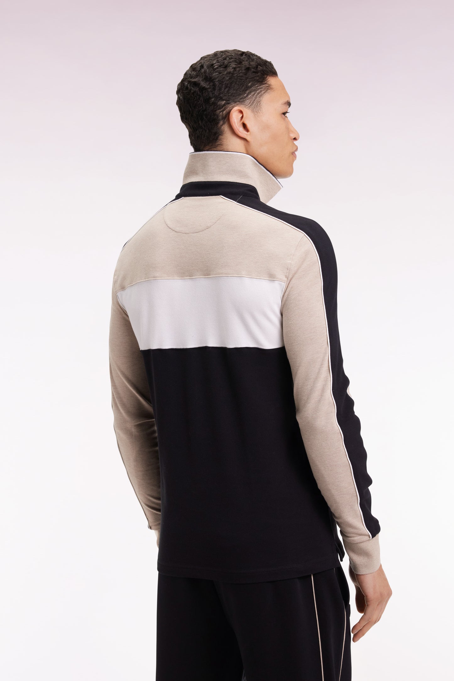 Polo tricolore à manches longues en coton stretch beige coupe slim