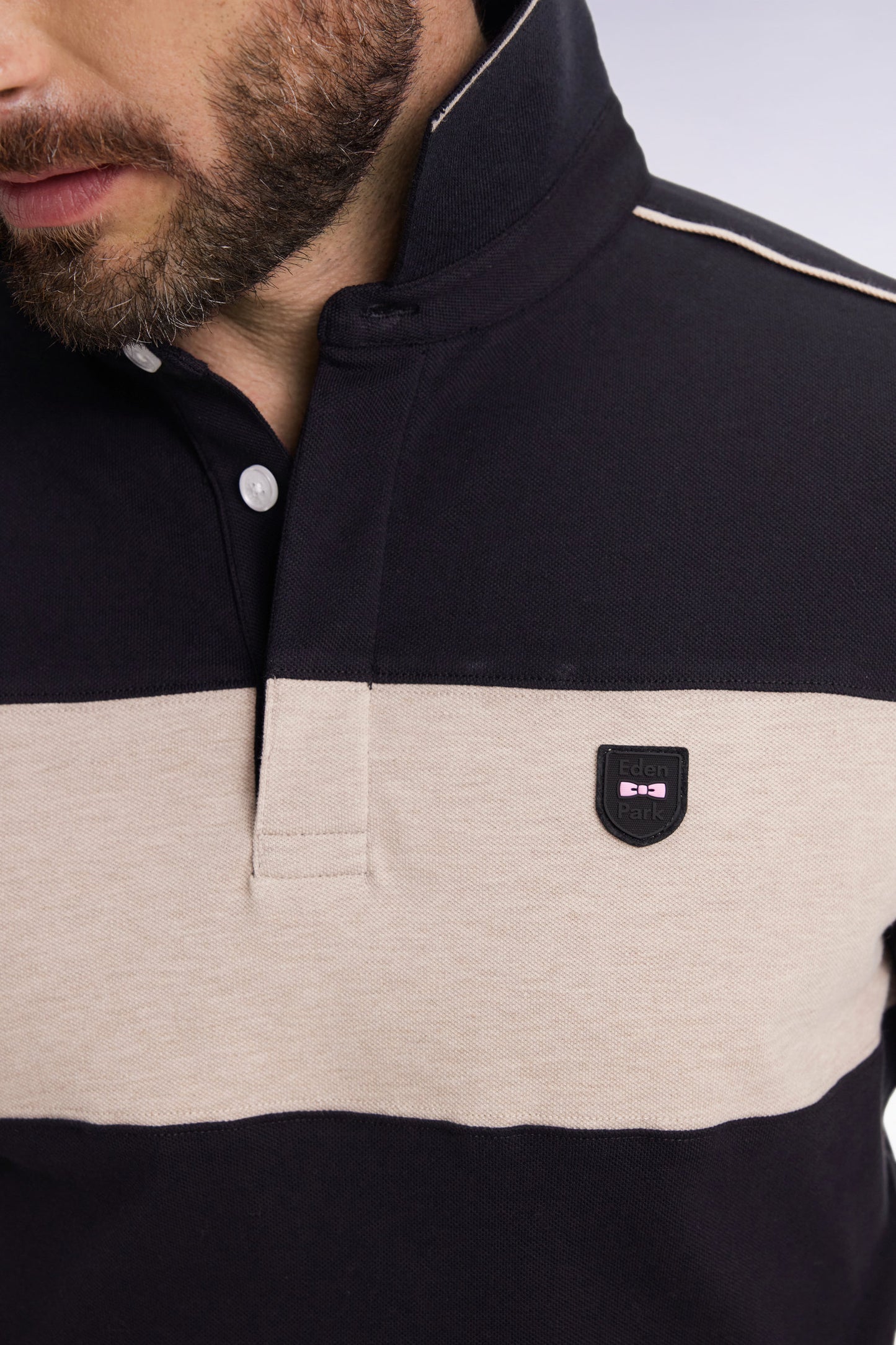 Polo tricolore à manches longues en coton stretch noir coupe slim