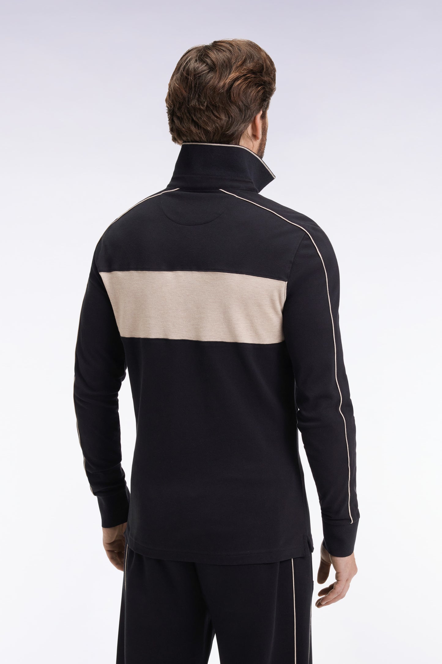 Polo tricolore à manches longues en coton stretch noir coupe slim